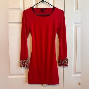 Red Long-Sleeve Embellished Cuff Dress